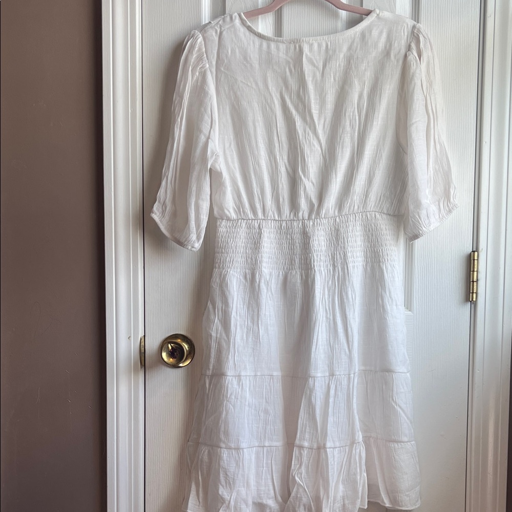 White Midi Dress with V-Neck and Smocked Waist - Picture 2 of 11